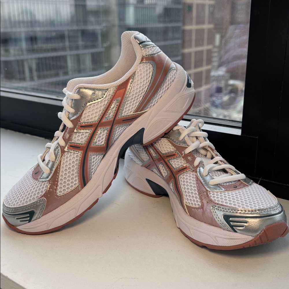 Asics White and Gray Sneakers with Pink Highlights